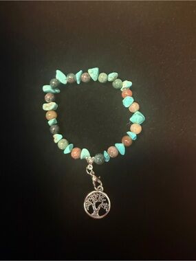 Turquoise and Earth-Tone Beaded Bracelet with Tree of Life Charm